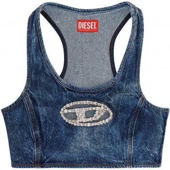 Diesel Women's Blue Cropped Denim Sleeveless Top with Crystal Plaque, Size S