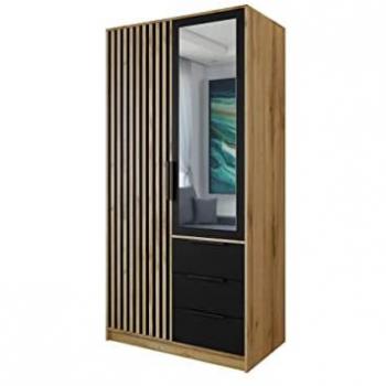 Armario Honolulu D100 con Bisagras, Negro, 200x100x58cm, 4 Estantes y Espejo