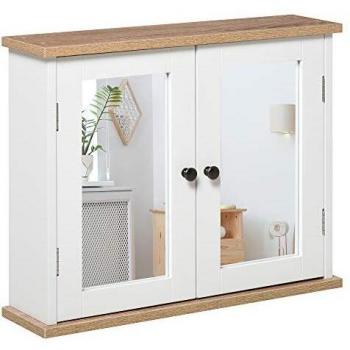 kleankin Armario de Baño de Pared con Espejo 2 Puertas Estante Ajustable en 3 Posiciones Espacio de Almacenaje para Cocina Medicinas 56x14x46 cm Blanco