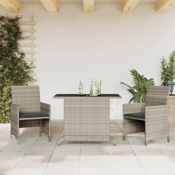 Conjunto de jardín 3 piezas en Polyrattan con cojines gris claro