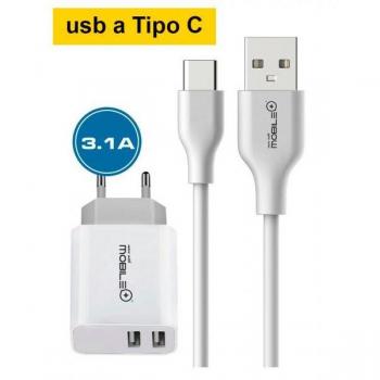 Cargador de Pared Dual USB 3.1A con Cable Tipo-C a USB de 1 Metro