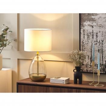 Lámpara de mesa Okari de vidrio transparente blanco dorado 63 cm con pantalla de tela en forma de jarrón y cable con interruptor para sala de estar