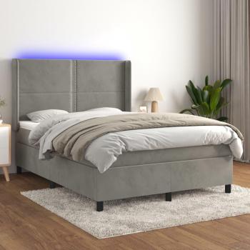 Cama box spring con colchón de muelles y terciopelo LED gris claro 140x200 cm