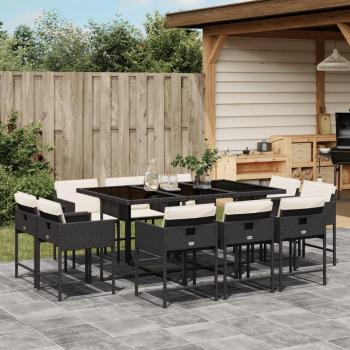 11-Piece Black Poly Rattan Garden Dining Set with Cushions