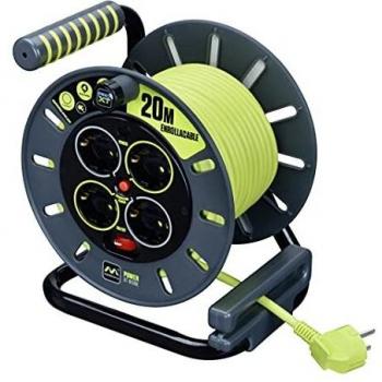 Masterplug Pro-XT Enrollacable 20m, Alargador 4 Eschufes Schuko, Extension Electico 3000w Gris / Verde