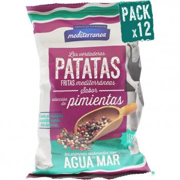 Pack de 12 uds Patatas fritas Mediterranea sabor selección de pimientas, elaboradas con aceite de oliva y agua de mar, bolsa de 130 gramos, textura crujiente