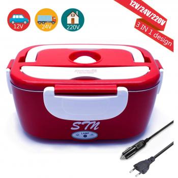 STN 12V 24V 220V Fiambrera Electrica 3 in 1 para Coche/Camión y Trabajo Termo Comida 40W con Dos Compartimentos y Cuchara Bandeja Extraíble de Acero 304 Inoxidable Portátil 1.5L