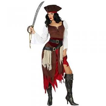 Disfraz de mujer pirata con corsé ajustado, falda larga con volantes, blusa de manga larga, cinturón y pañuelo para la cabeza