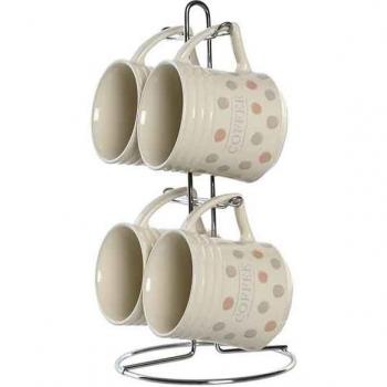 Set de 5 tazas mug de gres color beige con lunares y su soporte metálico
