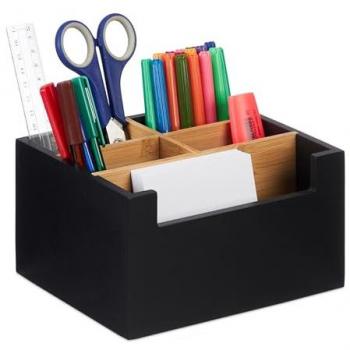 Organizador de Escritorio de Bambú, 5 Compartimentos, Portapapeles y Cosméticos, Portalápices, 9.5 x 18 x 15 cm, Negro - Relaxdays