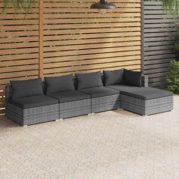 5 Piece Grey Poly Rattan Garden Lounge Set with Cushions