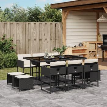 11-Piece Black Poly Rattan Garden Dining Set with Cushions