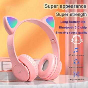 Auriculares Inalámbricos Bluetooth 9D HIFI LED con Orejas de Gato, Cancelación de Ruido, Plegables y Estéreo para Juegos