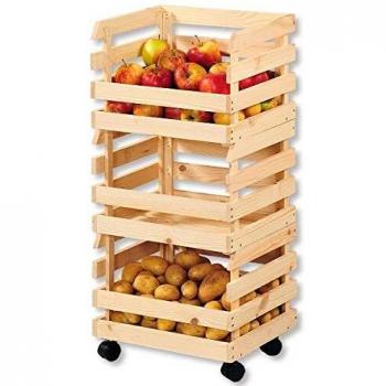Carro de almacenamiento para patatas y frutas, 3 niveles, madera de pino FSC, 80 x 30 x 37 cm, con ruedas