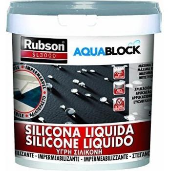Rubson Aquablock SL3000 Silicona Líquida gris, impermeabilizante líquido para prevenir y reparar goteras y humedades, silicona elástica con tecnología Silicotec, 5 kg, Gris