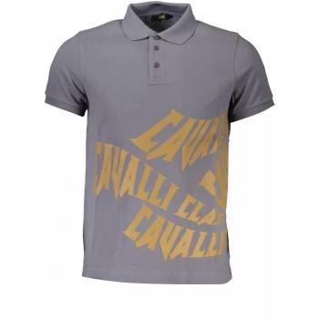 Cavalli Class Gray Cotton Polo Shirt with Classic Print for Men - Size L