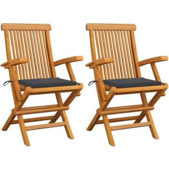 Teak Wood Garden Chairs with Anthracite Cushions - Set of 2