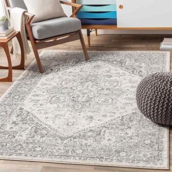 Alfombra Vintage Oriental Boho Surya MENDOZA, 160x220 cm, Corto Pelo, Gris/Blanco, Ideal para Salón y Dormitorio