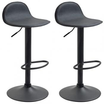 Set de 2 Taburetes Altos Regulables en Altura con Respaldo y Reposapiés de Simil Cuero Negro