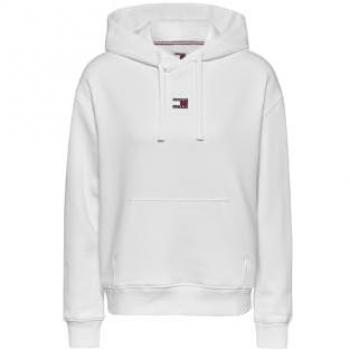 Tommy Jeans Women's Boxy Fit White Hooded Sweatshirt with Kangaroo Pocket and Logo Embroidery - Size S