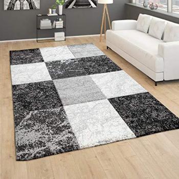 Alfombra Salón Pelo Corto Geométrica a Cuadros Diseño 3D Gris Blanco 80x150 cm - Paco Home