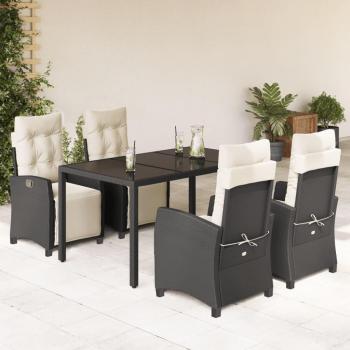 5-Piece Black Poly Rattan Garden Dining Set with Cushions