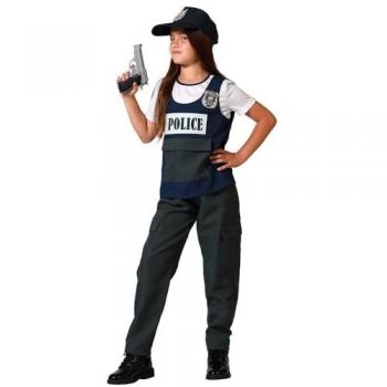 Disfraz de Policía Infantil Negro con Gorra y Chaleco Azul para Niña de 5 a 6 Años