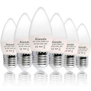 Aiwode 5.5W E27 Bombilla LED C37 Forma Vela,Blanco Cálido 2700K,Equivalente a 40W Bombilla Halógena,470LM RA80 180°Ángulo de haz,Paquete de 6.