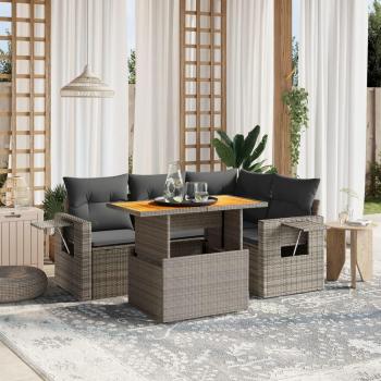5-Piece Grey Poly Rattan Garden Sofa Set with Cushions