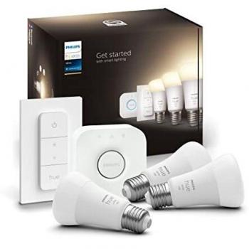 Philips Hue White Starter Kit E27 9.5W Warm White Smart LED Bulbs + Hue Bridge + Dimmer Switch