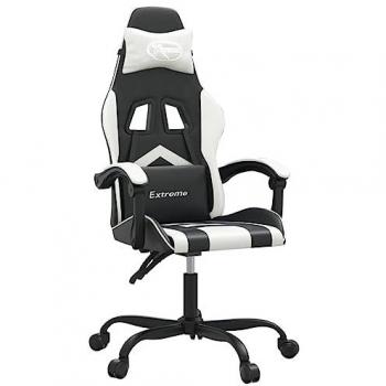 Silla gaming giratoria cuero sintético negro y blanco con reposabrazos, inclinación alta ajustable y ruedas para oficina, sala de estar y trabajo