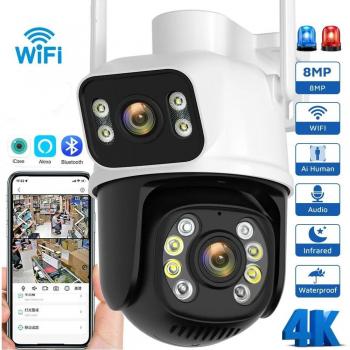 Cámara IP de Vigilancia PTZ Wifi 8MP Exterior con Visión Nocturna, Doble Pantalla y Detección Humana - Protección de Seguridad EU Plug
