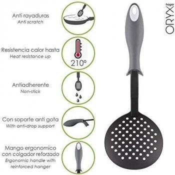 ORYX 5076011 Espumadera Cocina Nylon con Mango Antigotas Engomado 35 x 11,7 cm, 50 W, 5.3 Cubic_Centimeters, 18/8 Stainless Steel, Negro