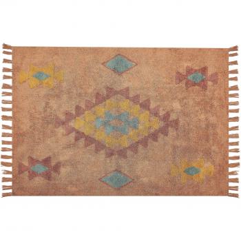 Alfombra de algodón naranja rectangular 160 x 230 cm con flecos y patrón geométrico estilo boho oriental