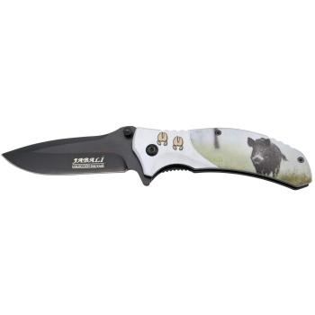 THIRD Navaja asistida K2809J, Mango de Aluminio con Imagen 3D con Motivo de Jabalí, Hoja de Acero 420 de 10 cm