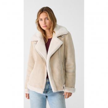 Ecru Faux Shearling Double-Face Biker Jacket XS