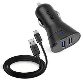 SBS TEKITCRC2U21AUL Kit de Carga para Coche USB-Tipo C, 2400 mAh, Doble Puerto USB, Color Negro