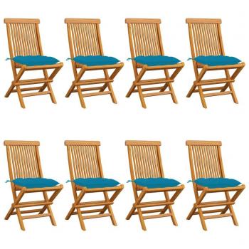 Teak Garden Chairs Set with Light Blue Cushions - 8 Pieces