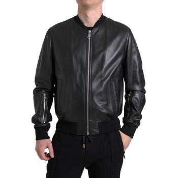 Dolce & Gabbana Black Leather Full Zip Bomber Men Jacket - IT46 | S