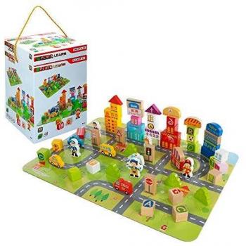 WOOMAX - Juego bloques de madera 100 piezas Ciudad