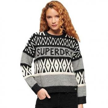 Jersey de mujer Superdry de cuello redondo con diseño de marca, negro y ecru, talla S, casual, acrílico