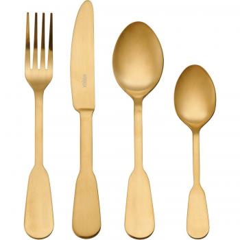 Mikasa Soho Gold - Juego de cubiertos de acero inoxidable dorados de 16 piezas para 4 personas, incluye 4 cuchillos, 4 tenedores, 4 cucharas de postre y 4 cucharaditas