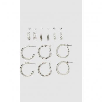 Rhinestone and Pearl Hoop Earrings Set of 9 - Grey