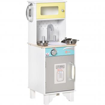 HOMCOM Cocina de Juguete de Madera para Niños +3 Años con Teléfono Simulado, Dispensador de Agua, Accesorios y Armarios, 32x30x79 cm, Blanco