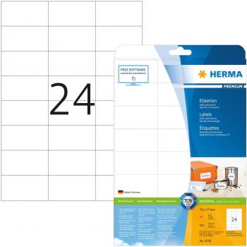 Etiquetas Premium HERMA 4390, A4, 70 x 37 mm, blancas, adhesión permanente (600 etiquetas / 25 hojas)