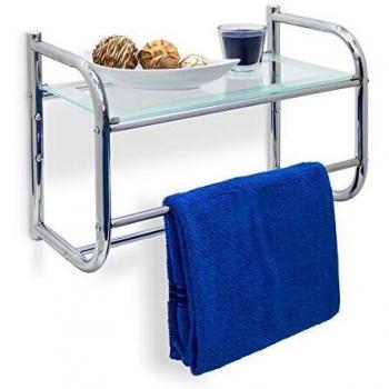 Relaxdays Estante y toallero de Pared, Acero Inoxidable y Vidrio, 34 x 45 x 23 cm, 1.9 Kg, Plata