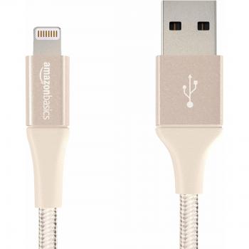 AmazonBasics - Cable de nailon con trenzado doble, de USB A a Lightning, con certificación MFi de Apple, Dorado, 10 cm