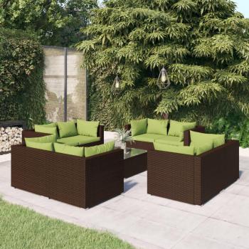 9-Piece Brown Poly Rattan Garden Lounge Set with Cushions