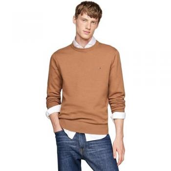 Jersey de Cuello Redondo Tommy Hilfiger PIMA Beige para Hombre, Talla XXL, Logo Bordado
