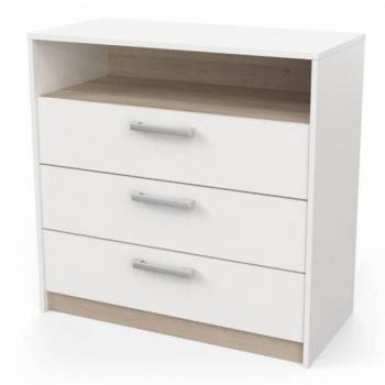 Cómoda Watson 3 Cajones y 1 Estante en Blanco y Roble Kronberg, Melamina, 81 cm, Mueble Funcional